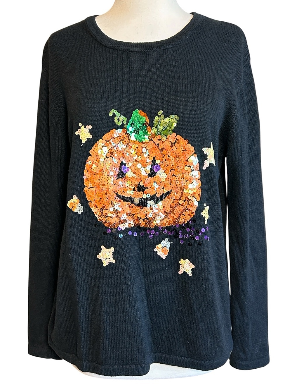 Peek A Boo Halloween sweater Jack-o'-lantern orange green, purple sequins sz L